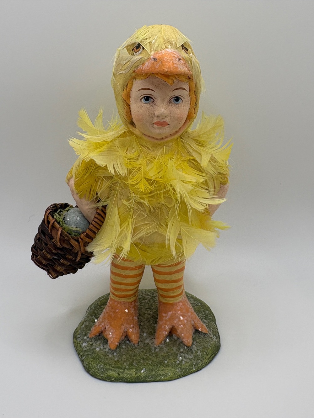 Bethany Lowe Feathered Chick Child Easter Egg Basket Grass Yellow Feathers